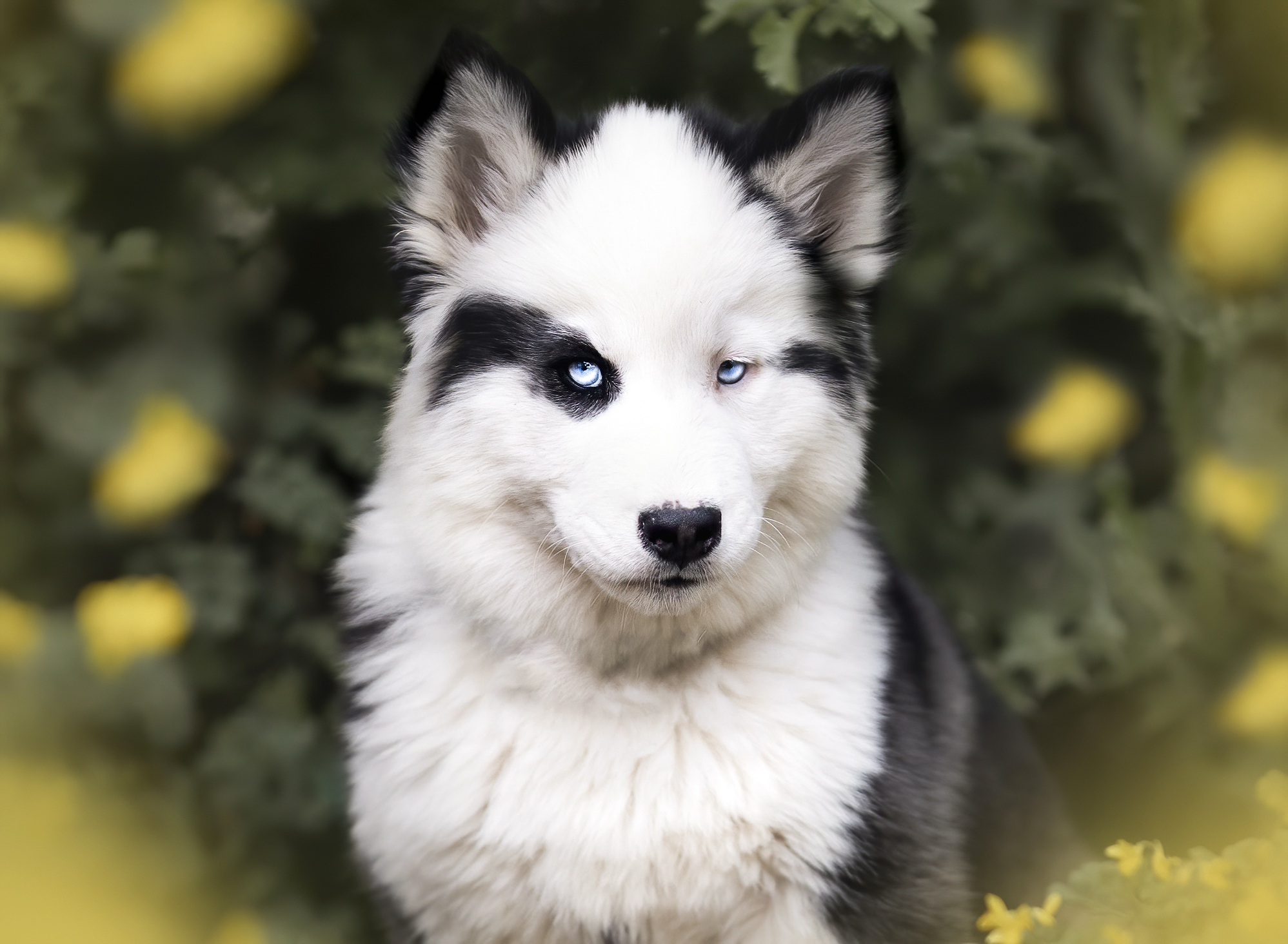Chiot Laïka de Iakoutie avec un pelage noir et blanc et yeux bleus, posant dans un environnement fleuri, illustrant la race de chien laïka d'Iakoutie pour un élevage spécialisé.